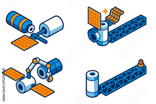 Space Station Growth. Isometric vector illustration set Space Station Expansion: new module arriving, solar panels folding,