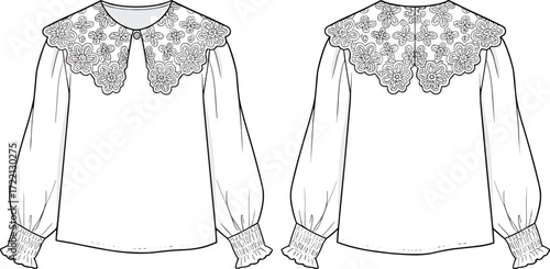 Women’s long sleeve blouse fashion flat sketch, floral lace collar design, front and back view vector illustration, stylish elegant clothing apparel template
