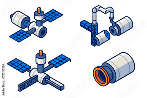 Space Station Growth. Isometric vector illustration set Space Station Expansion: new module arriving, solar panels folding,