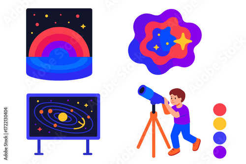 Educational Nebula Kit. Isometric vector illustration set Educational Nebula Kit: labeled diagram of gas layers, simplified nebula