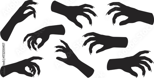 Creepy horror hands silhouette vector, scary clawed gesture illustration, spooky black shadow design, monster hand graphic, Halloween art element for poster, decoration