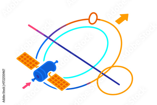 Satellite Orbit Diagram. Isometric vector illustration set Satellite Elliptical Orbit: low Earth orbit satellite, apogee marker
