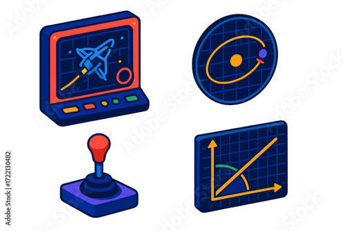 Space Navigation Icons. Isometric vector illustration set Space Navigation System: spacecraft navigation screen, orbital diagram