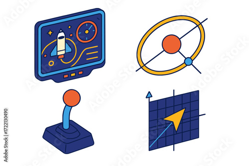 Space Navigation Icons. Isometric vector illustration set Space Navigation System: spacecraft navigation screen, orbital diagram