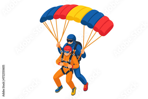 Colorful Tandem Skydive Setup. Isometric vector illustration set Tandem Skydive Setup: two jumpers attached in harness, canopy