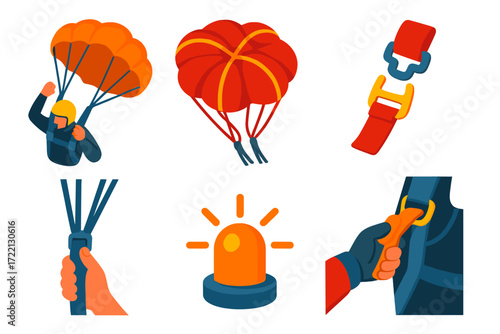 Emergency Parachute Deployment. Isometric vector illustration set Emergency Parachute Use: reserve chute deployment, tangled main