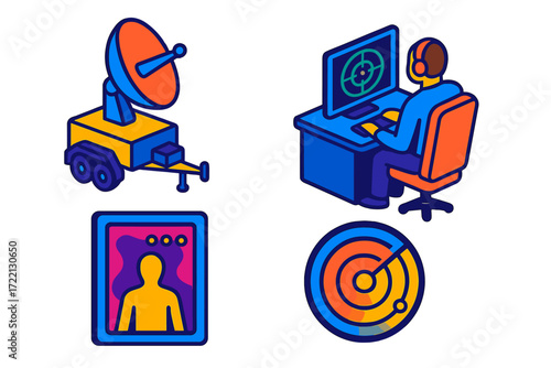 Surveillance Radar Icons. Isometric vector illustration set Surveillance Radar Setup: radar trailer with dish, operator station,