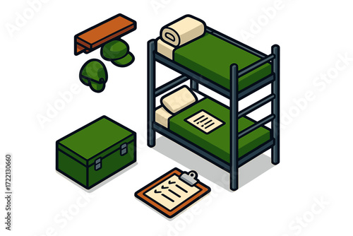 Basic Training Barracks. Isometric vector illustration set Basic Training Barracks: bunk bed with white sheet roll, wall-mounted