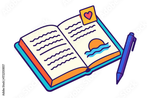 Modern Poetry Stationery. Isometric vector illustration set Modern Poetry Notebook: handwritten verse in lined notebook, sticky