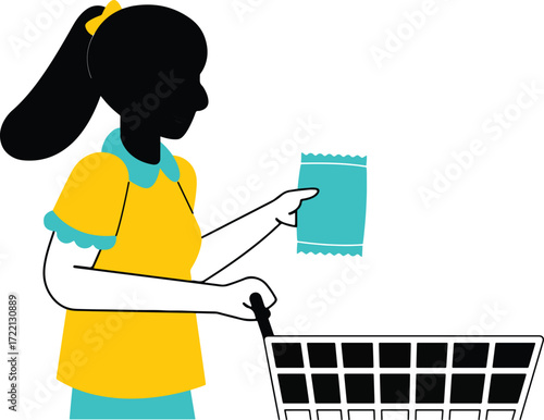 Silhouette of a person with a shopping cart and item