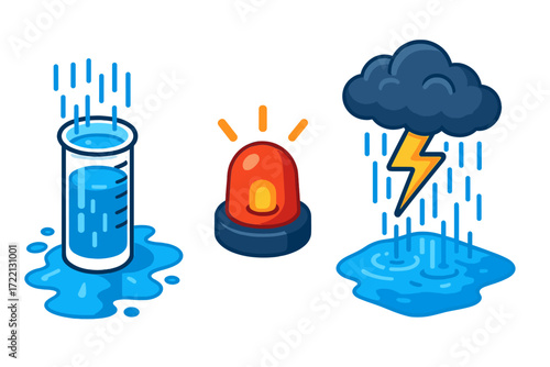 Intense Rain Alert. Isometric vector illustration set Heavy Rain Measurement Alert: rain gauge overflowing with intense