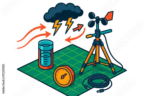 Weather Monitoring Tools. Isometric vector illustration set Weather Monitoring Kit with Anemometer: tripod setup with anemometer