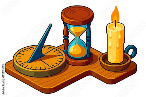 Historical Timekeeping Tools. Isometric vector illustration set Historical Timekeeping Tools: sundial beside hourglass and candle