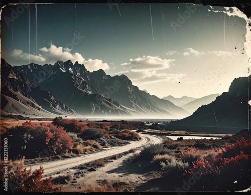 Mountain valley road at sunset