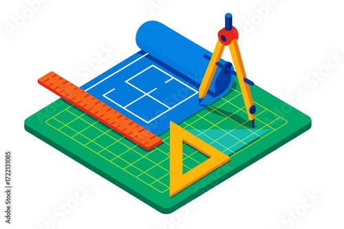 Architect's Tool Kit. Isometric vector illustration set Architect’s Tool Kit: blueprint partially unrolled, ruler set diagonally,