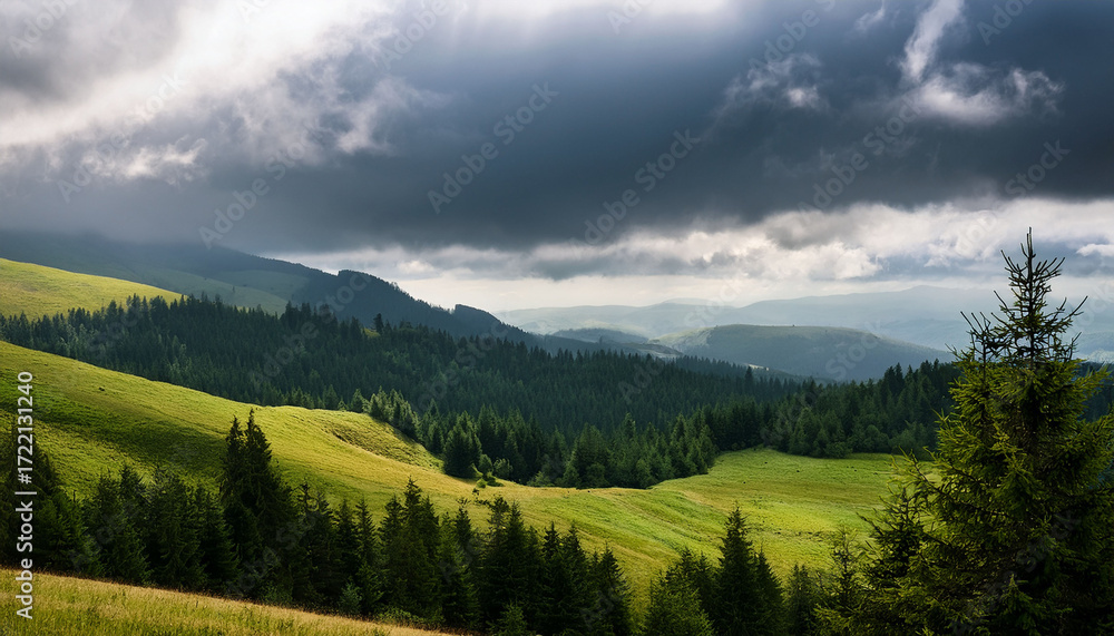 Obraz premium Landscape Of Hills And Forest On Cloudy Day