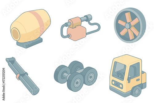 Cement Mixer Design. Isometric vector illustration set Cement Mixer Vehicle Parts: rotating drum, hydraulic system, mixing blades