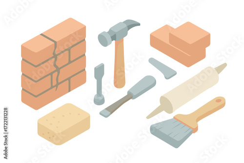Brick Wall Repair Tools. Isometric vector illustration set Brick Wall Repair Tools: cracked brick section, chisel and hammer,