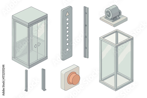 Modern Elevator Design. Isometric vector illustration set Modern Elevator System Design: glass elevator cabin, floor buttons panel