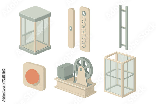 Modern Elevator Design. Isometric vector illustration set Modern Elevator System Design: glass elevator cabin, floor buttons panel