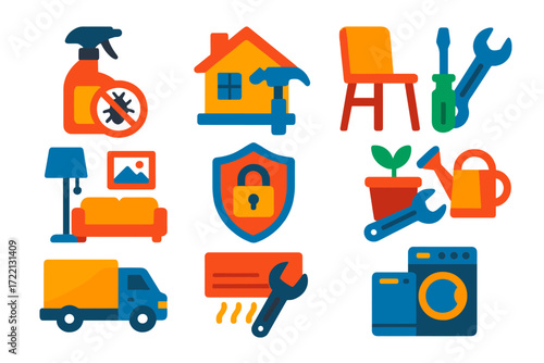 Home Services Icons. Flat vector icons of home services: pest control, home renovation, furniture assembly, interior design,