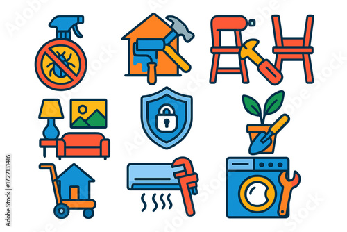 Home Services Icons. Flat vector icons of home services: pest control, home renovation, furniture assembly, interior design,