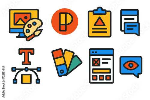 Design Service Icons. Flat vector icons of design services: graphic design, logo creation, brand identity, typography choice,