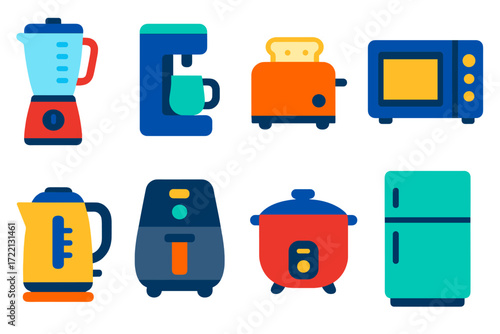 Vibrant Kitchen Icons. Flat vector icons of kitchen products: blender, coffee maker, toaster, microwave, electric kettle, air