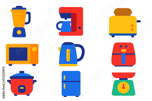 Vibrant Kitchen Icons. Flat vector icons of kitchen products: blender, coffee maker, toaster, microwave, electric kettle, air