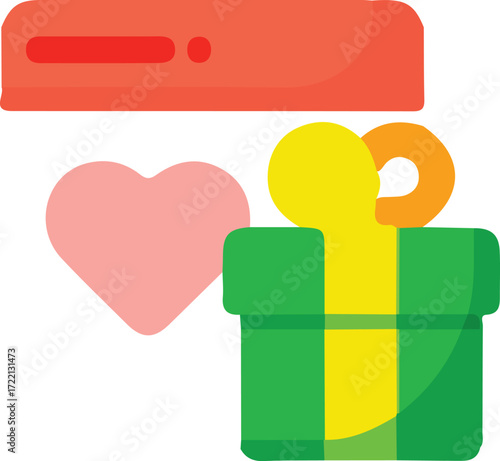 Red rectangle with dots above pink heart and green gift box