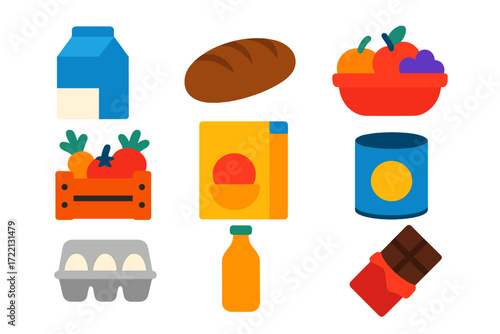 Vibrant Grocery Icons. Flat vector icons of grocery products: milk carton, bread loaf, fruit basket, vegetable crate, cereal box,