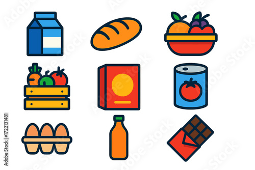 Vibrant Grocery Icons. Flat vector icons of grocery products: milk carton, bread loaf, fruit basket, vegetable crate, cereal box,
