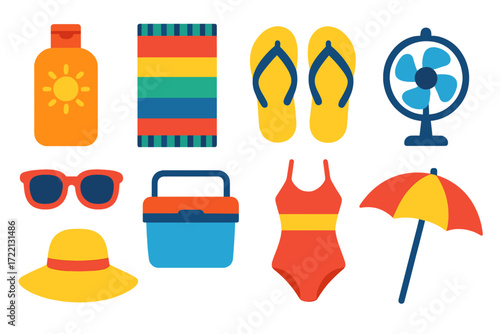 Summer Essentials Icons. Flat vector icons of summer products: sunscreen bottle, beach towel, flip-flops, sunglasses, cooler box,