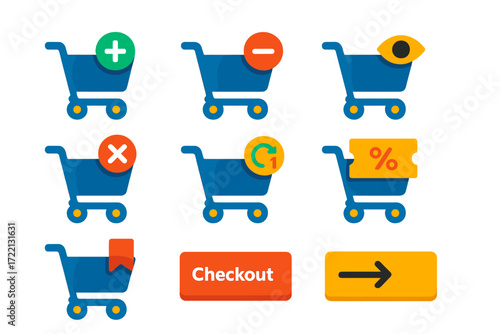 Flat Cart Icons. Flat vector icons of cart actions: add to cart, remove from cart, view cart, empty cart, update quantity, apply