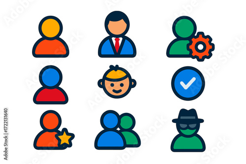 Colorful User Icons. Flat vector icons of user profile types: personal account, business profile, admin user, guest account, child