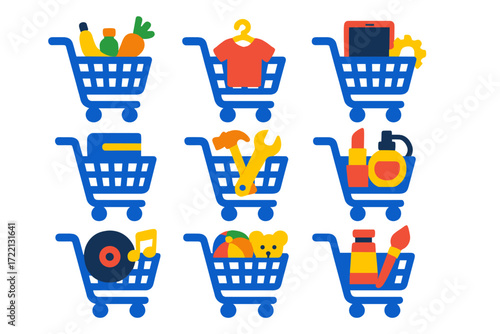 Colorful Shop Cart Icons. Flat vector icons of shop carts by industry: grocery cart, clothing cart, tech product cart, book cart,
