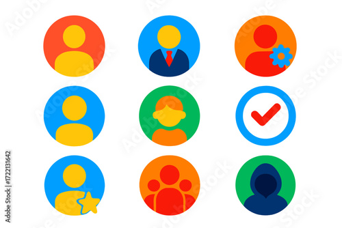 Colorful User Icons. Flat vector icons of user profile types: personal account, business profile, admin user, guest account, child