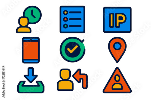 Vibrant Account Icons. Flat vector icons of account activity logs: login timestamp, session list, IP address icon, device used,