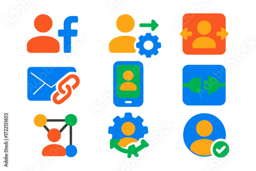Vibrant Service Icons. Flat vector icons of account-linked services: social login, external integration, connected apps,
