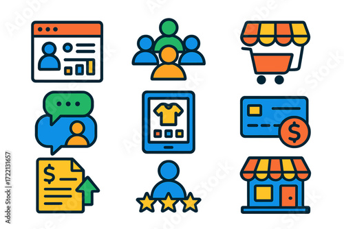 Marketplace Icons Set. Flat vector icons of marketplace platforms: seller dashboard, multi-vendor icon, marketplace cart,