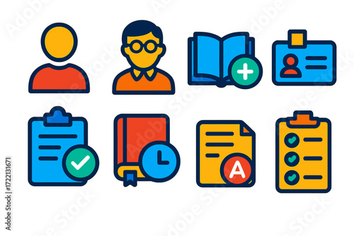 Educational Account Icons. Flat vector icons of educational accounts: student profile, teacher account, course enrollment,