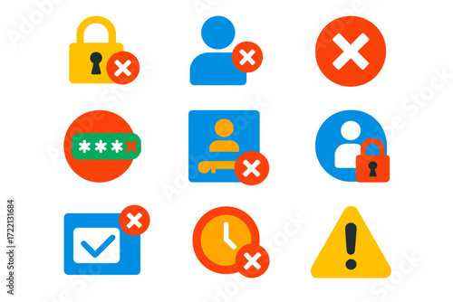 Login Error Icons. Flat vector icons of login error states: wrong password alert, username not found, login failed icon, invalid