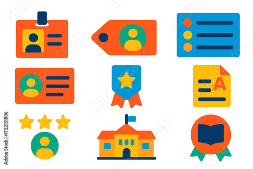 Colorful Student Icons. Flat vector icons of student profiles: school ID icon, class tag, course list icon, student bio, academic