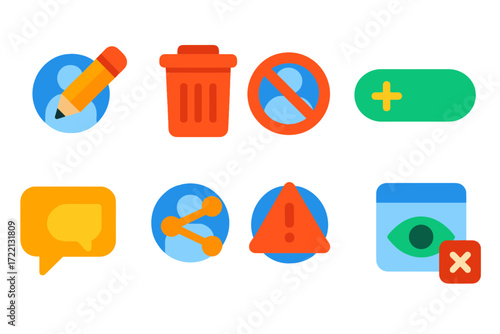 Modern User Icons. Flat vector icons of profile actions: edit icon, delete profile, block user icon, follow button, message