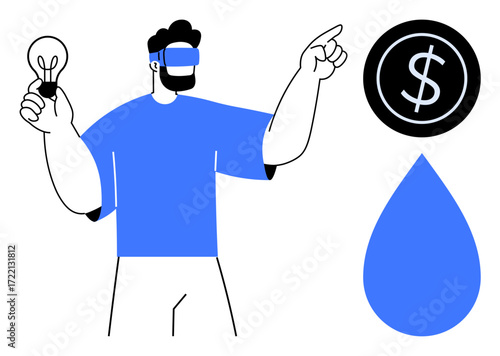Man in VR headset holding lightbulb and pointing at dollar coin and water droplet. Ideal for innovation, technology, virtual reality, financial planning, sustainability, creativity, futuristic