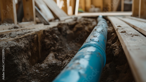 Wallpaper Mural Underground Pipeline Install: A blue utility pipe is laid in an excavated trench during a construction project, ensuring secure infrastructure installation. Torontodigital.ca