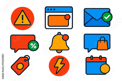 Colorful Marketing Icons. Flat vector icons of marketing notifications: sale alert icon, promo popup, newsletter alert, discount