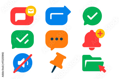 Modern Messaging Icons. Flat vector icons of message notifications: message received icon, message sent icon, message delivered