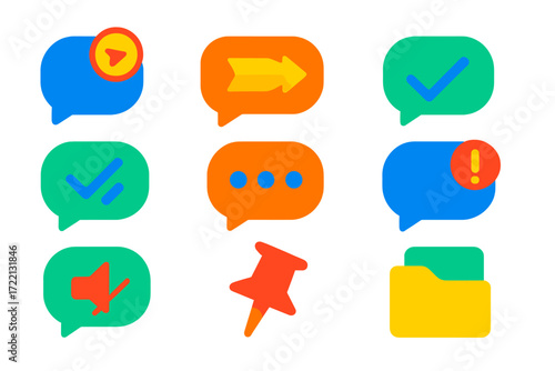 Modern Messaging Icons. Flat vector icons of message notifications: message received icon, message sent icon, message delivered