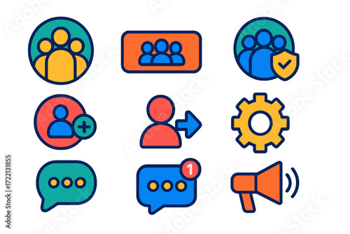 Group Chat Icons. Flat vector icons of group chat features: group avatar, group name tag, group admin badge, add participant icon,